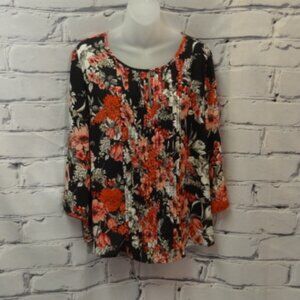 Roz & Ali Black/Red/White & Tan Floral Print 3 Quarter Sleeve Tunic